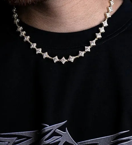 a close up of a man wearing a necklace