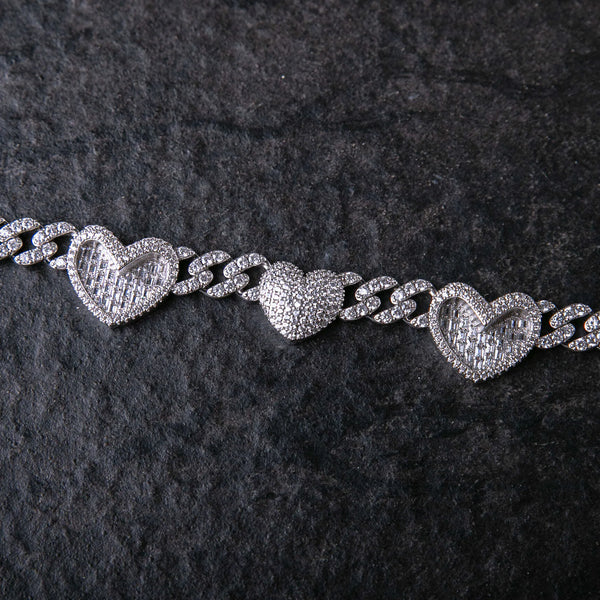 13MM ICED TWO TONE HEART CUBAN CHAIN - White Gold