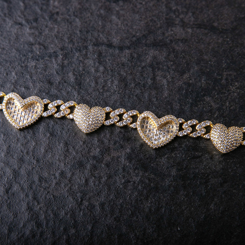 13MM ICED TWO TONE HEART CUBAN CHAIN - Gold