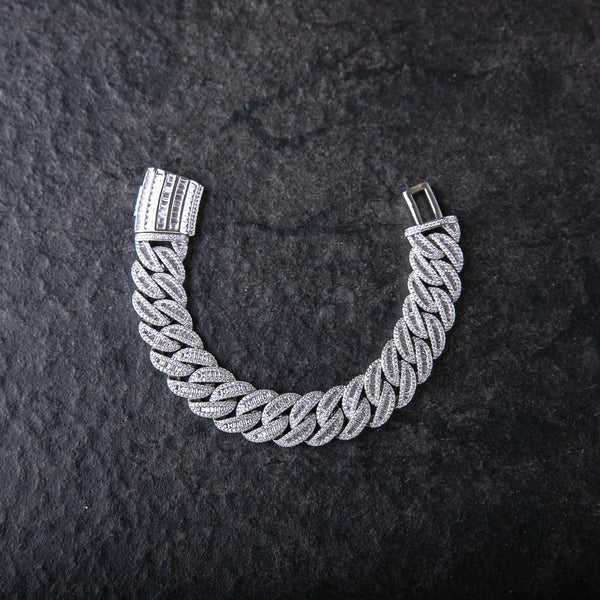 15MM BAGUETTE & ROUND CUT MIAMI CUBAN BRACELET - White Gold