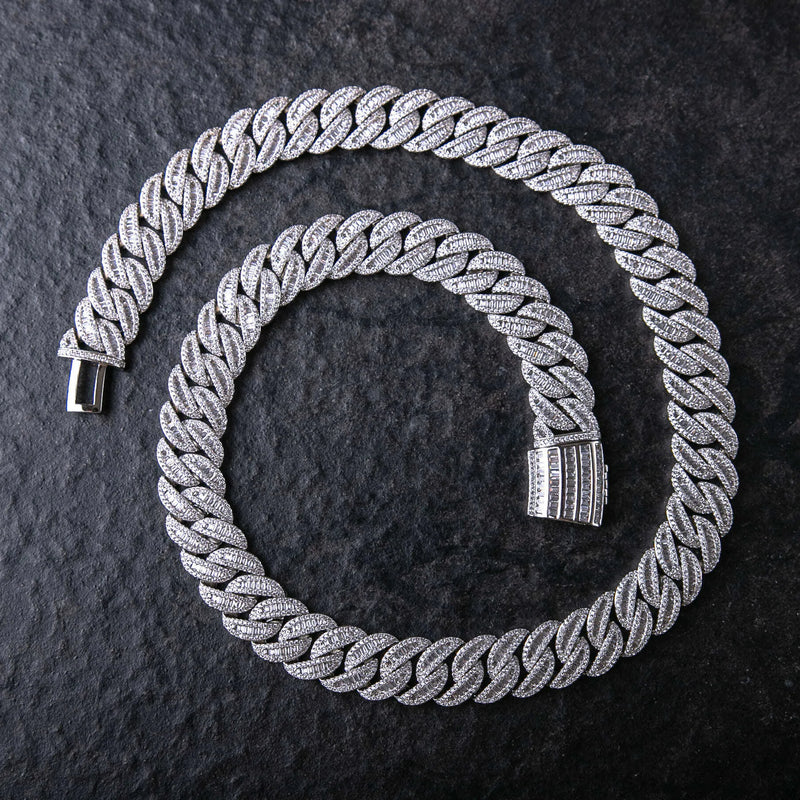 15MM BAGUETTE & ROUND CUT MIAMI CUBAN CHAIN - White Gold