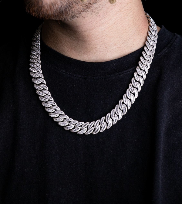 a man wearing a silver chain necklace