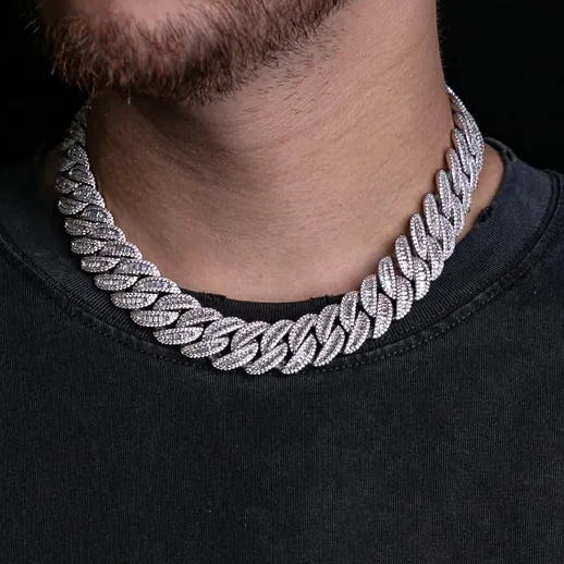 a man wearing a silver chain necklace