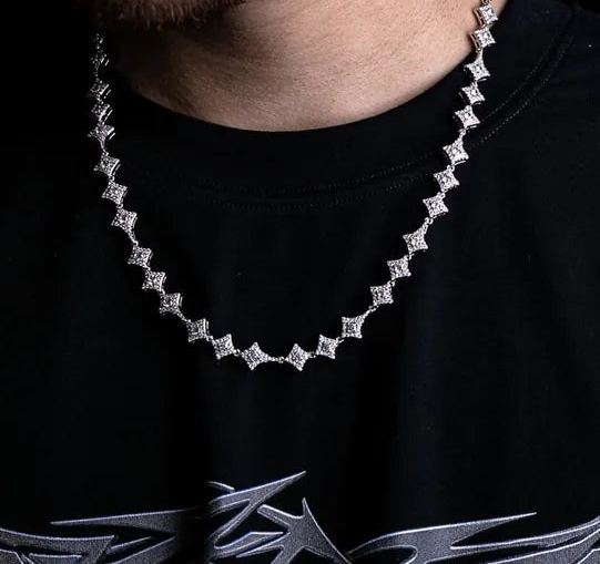 a close up of a man wearing a necklace