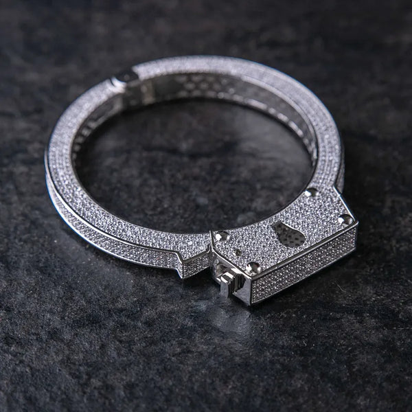 ICED HANDCUFF BRACELET - White Gold