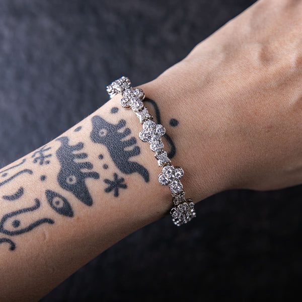 10MM ROUNDED CROSS & STAR LINK BRACELET - White Gold