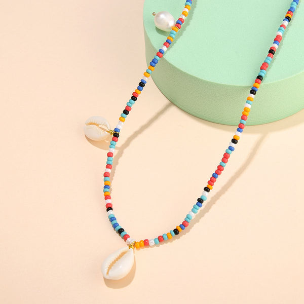 Colorful Beaded Shell Necklace with Handmade Braided Pearl Rice Beads - Gold