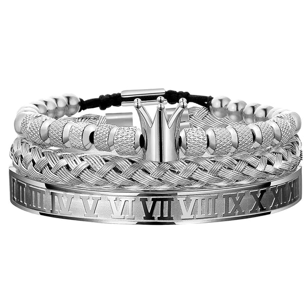 Mens Crown Bracelet Set - White Gold