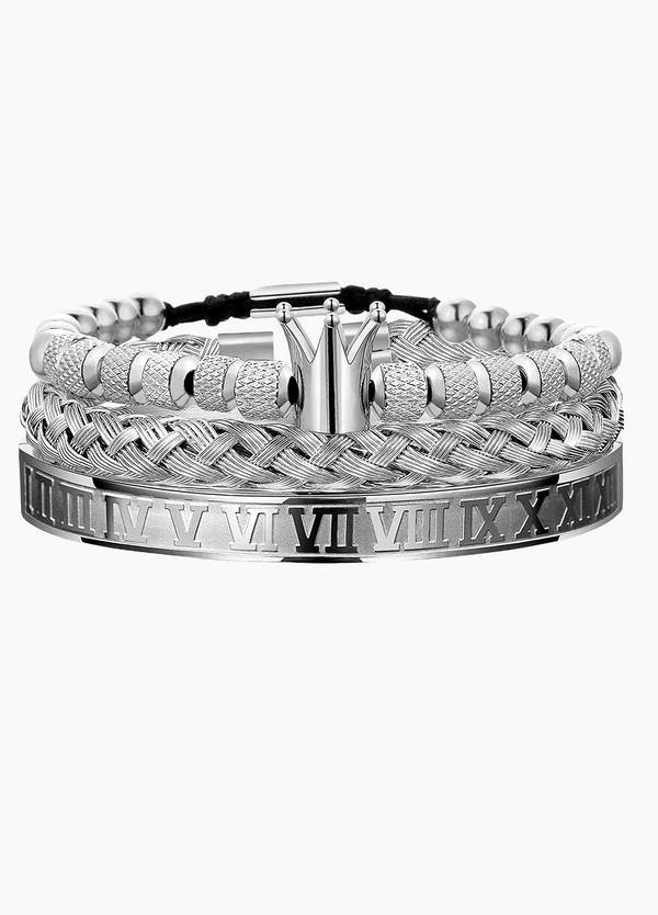 Mens Crown Bracelet Set - White Gold