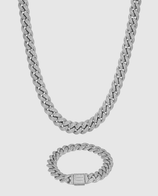 12mm Iced Cuban Chain + Bracelet Bundle - White Gold